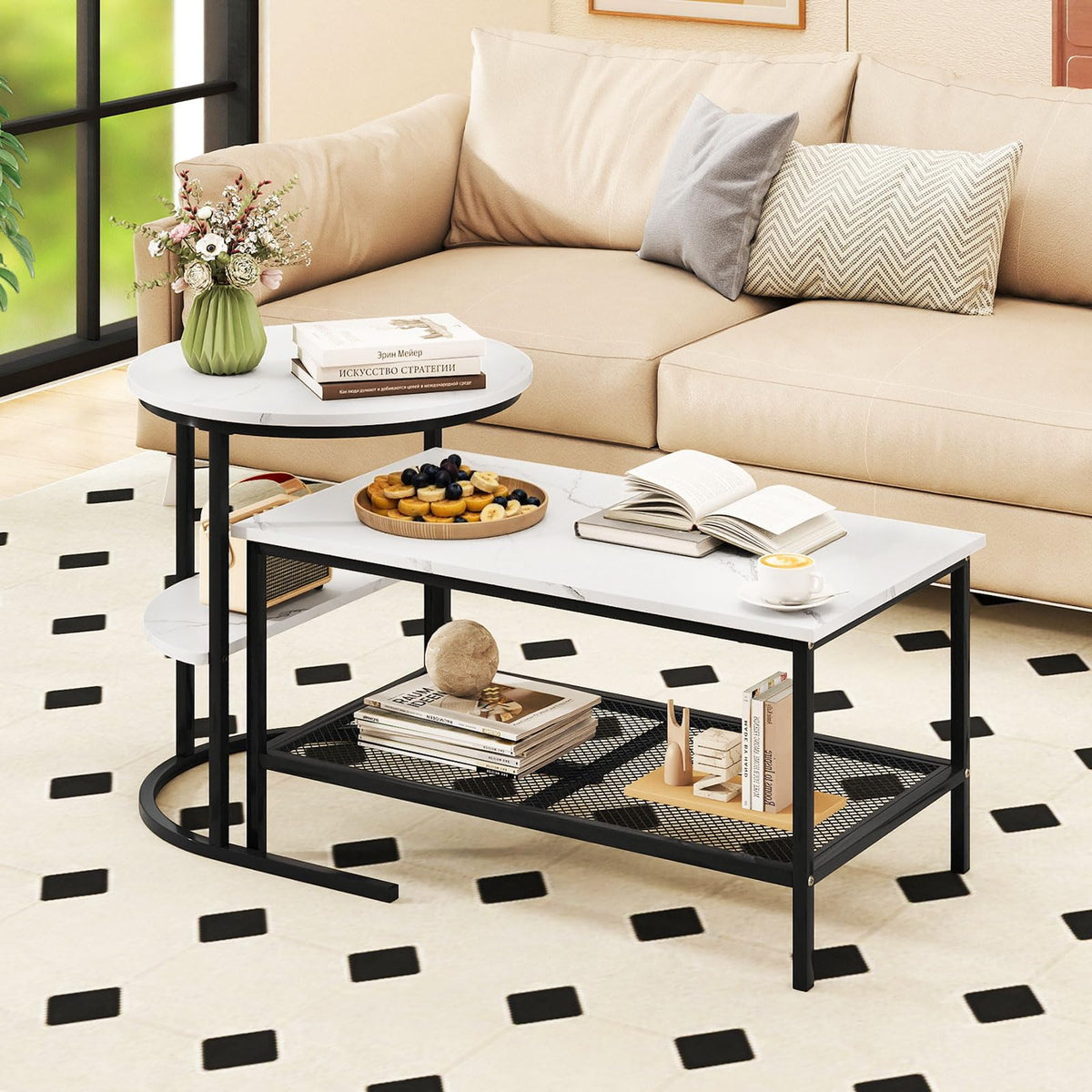 GOFLAME Nesting Coffee Table Set of 2, 2 PCS Nesting Tables with Faux Marble Top and Extra Storage Shelf, Modern Round End Table & Rectangular Coffee Tables for Living Room, Bedroom, Black+White