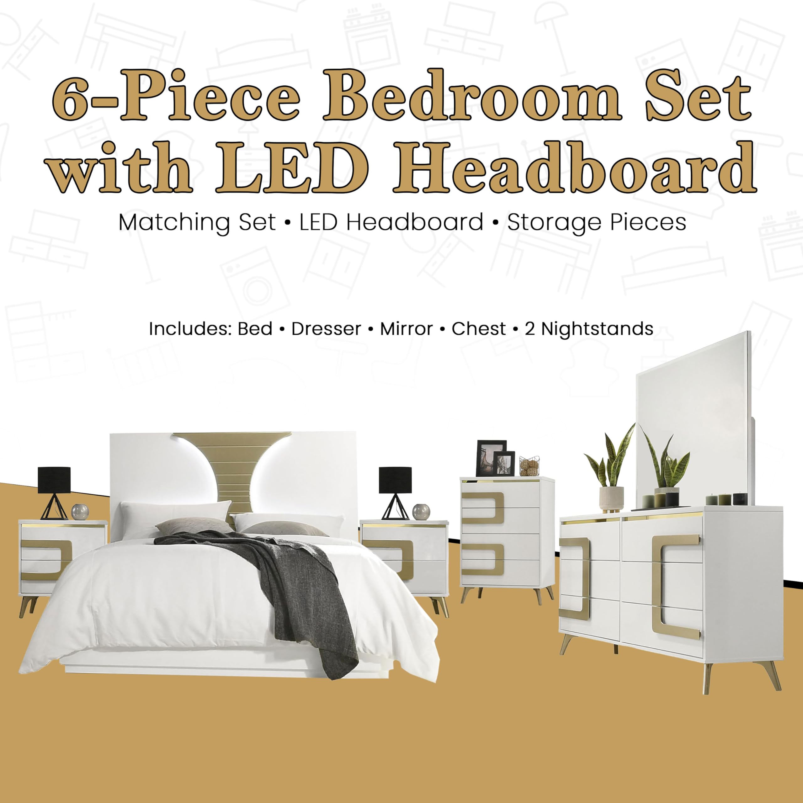 Claire 6-Piece Bedroom Set with LED Headboard – White & Gold