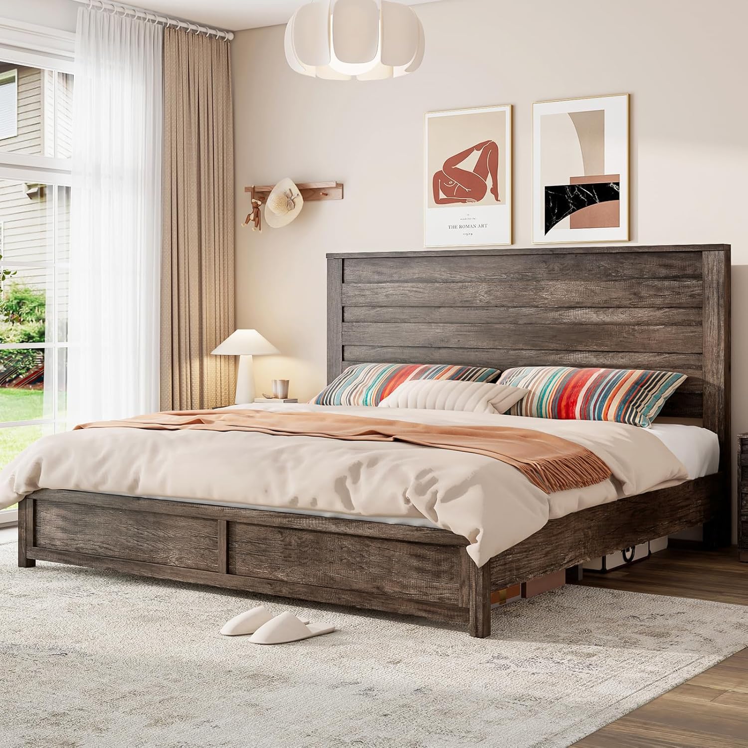 LUXOAK 3 Pcs Bedroom Furniture Sets,Includes Farmhouse King Size Bed Frame with 49" Tall Headboard and Nightstand Sets of 2 with Charging Station, Slated Handles & Stainless Steel Feet, Rustic Grey