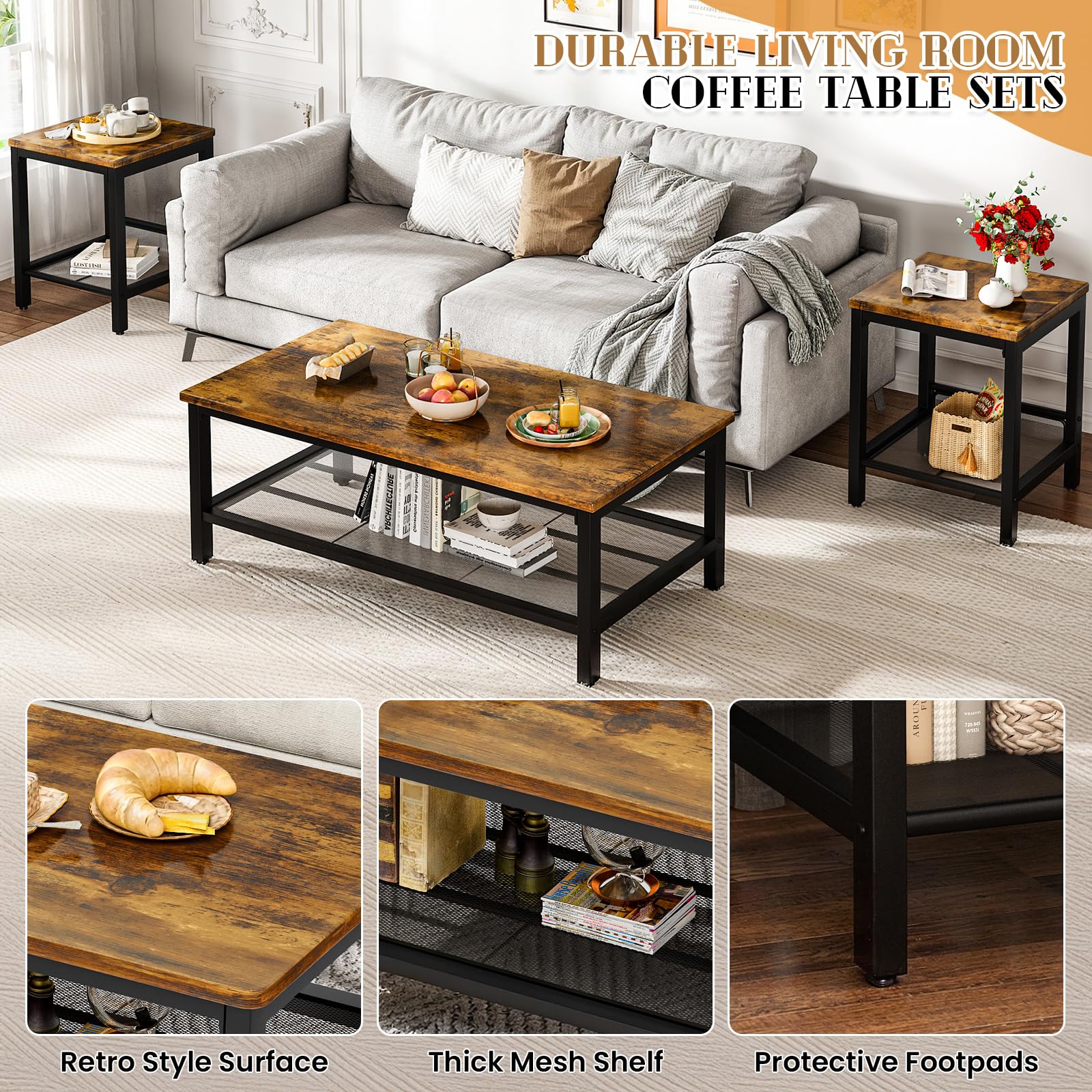 3-Piece Industrial Coffee Table Set with 2 End Tables