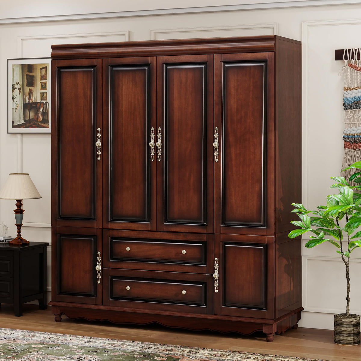 TemkTuek Solid Wood Armoire:Wardrobe Closet with Drawers and Hanging Rod