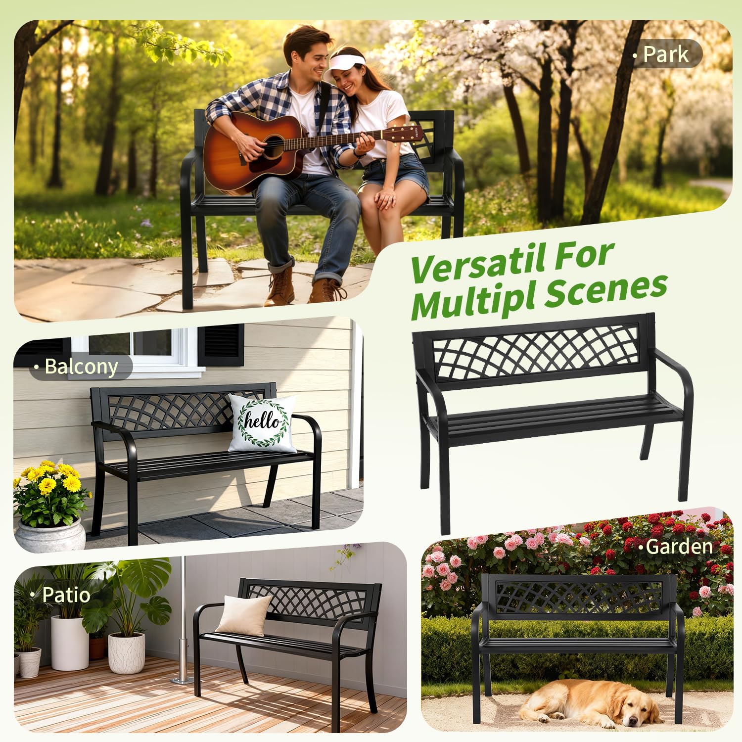 Outdoor Metal Garden Bench with Mesh Backrest