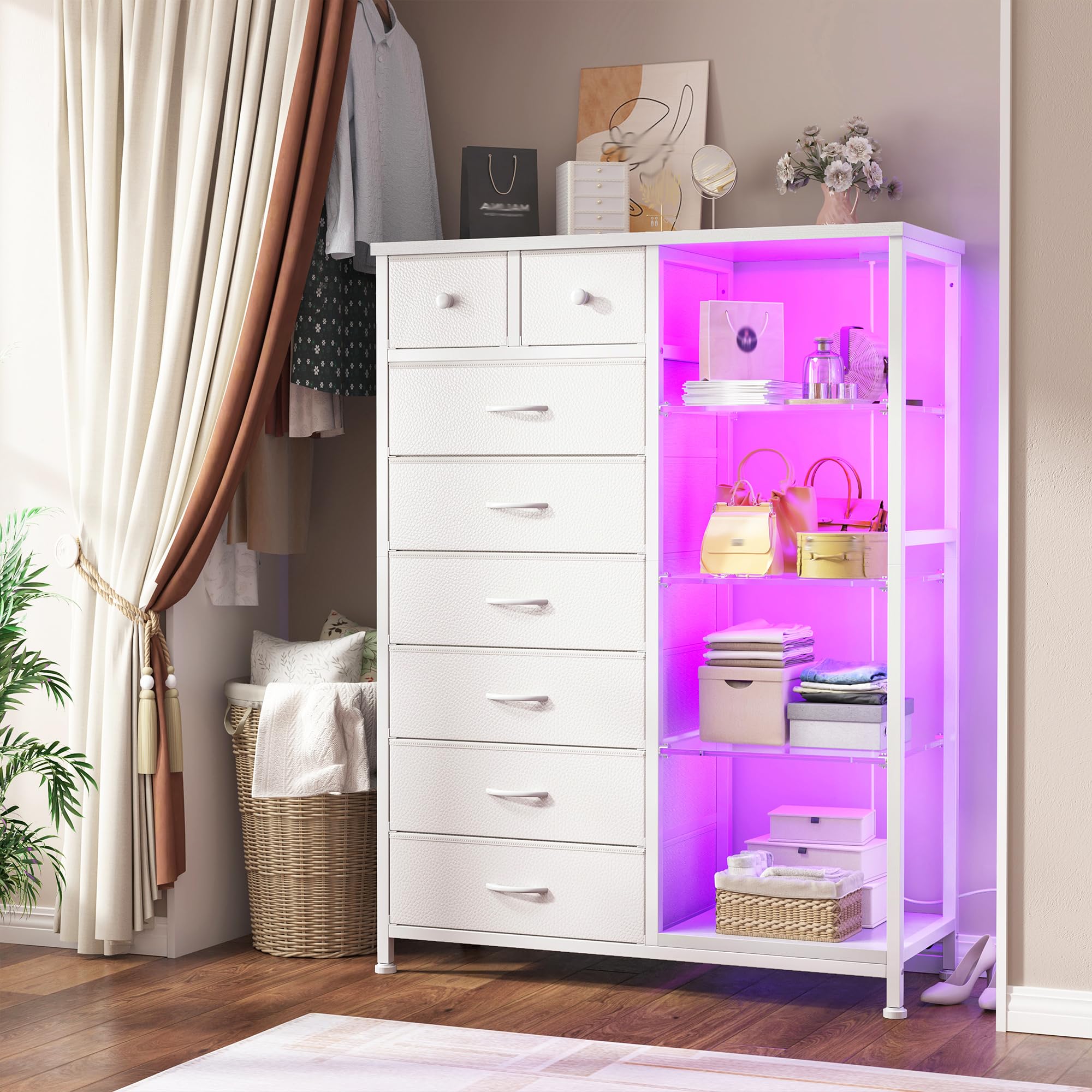EnHomee 54" H Dresser for Bedroom with LED Lights & Power Outlets Dresser with 8 Drawers Fabric Dressers & Chests of Drawers, Shelves for Bedroom, Sturdy Metal Frame, Acrylic Plates (White)