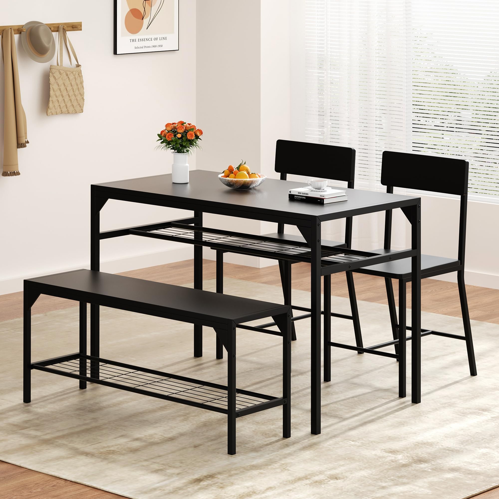 Shintenchi Kitchen Table Chairs Set of 4, Dining Table Set for 4 with Bench and Chairs, 4 Pieces Kitchen Table Set with Storage Rack & Metal Frame for Small Space, Solid Black