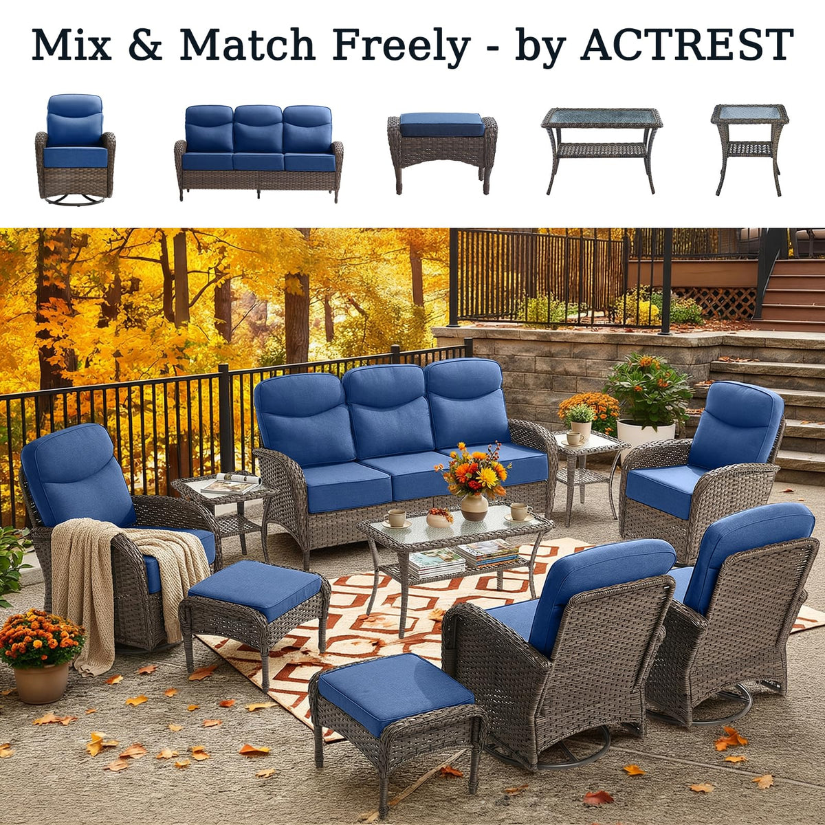 ACTREST Outdoor Ottomans Patio Footrest Set of 2 - High Back Comfortable Brown Wicker Rattan Steel Frame Footstool Additional Bench Side Table for Porch Balcony Deck Garden Poolside - Navy Blue