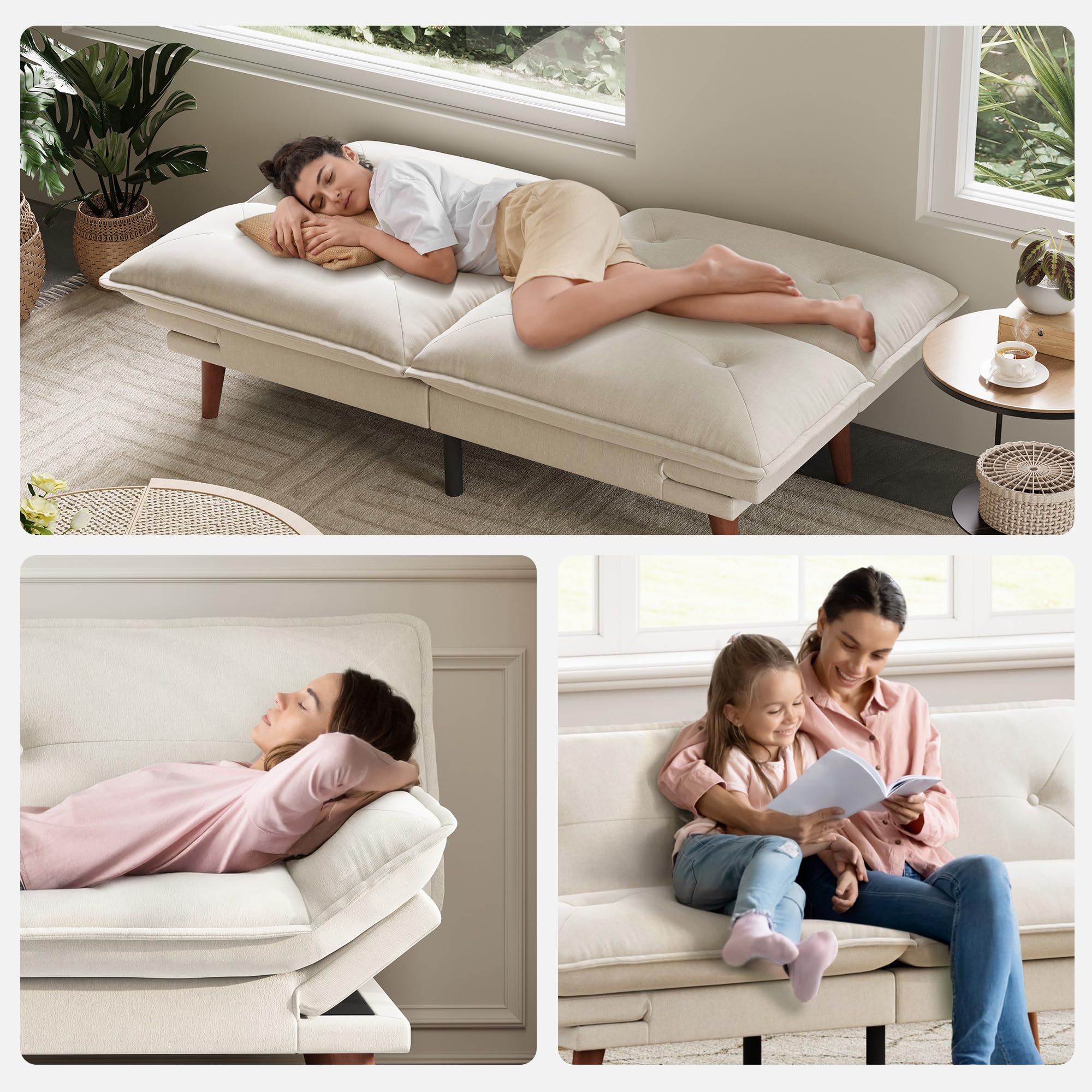 LINSY HOME Futon Sofa Bed, 70" Chenille Futon Couch with Adjustable Backrest Armrest, 3 in 1 Convertible Comfy Loveseat Sleeper Sofa Bed for Small Spaces Dorm Room Apartment Home Office(Beige White)