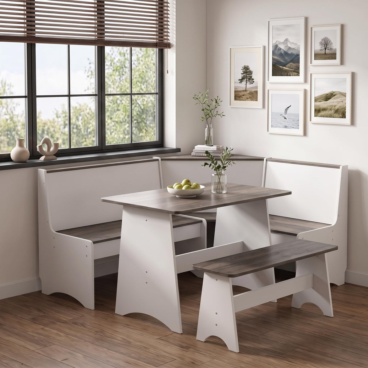 Farmhouse Breakfast Nook Table Set with L-Shaped Bench (White + Gray)