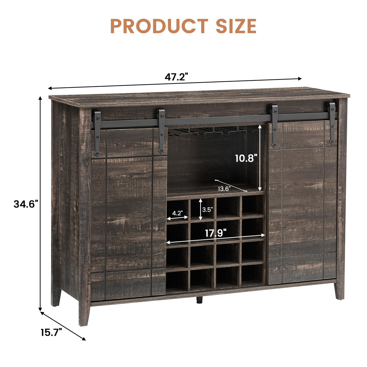 Bar Cabinet, 47" Buffet Server Sideboard with Sliding Barn Doors, Farmhouse Storage Cabinet Cupboard Table with Adjustable Shelf for Kitchen, Dining Room (Dark Brown)