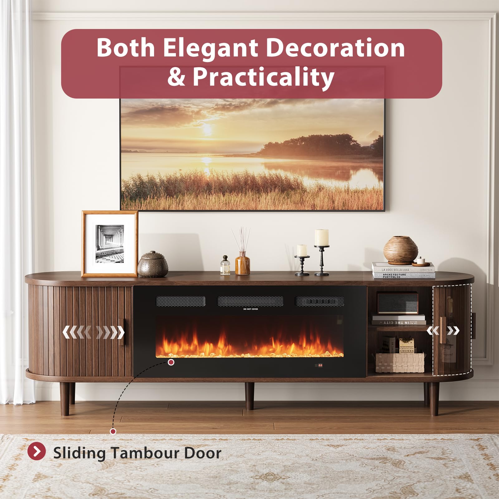 70" Fluted Fireplace TV Stand with Sliding Doors & Solid Wood Legs