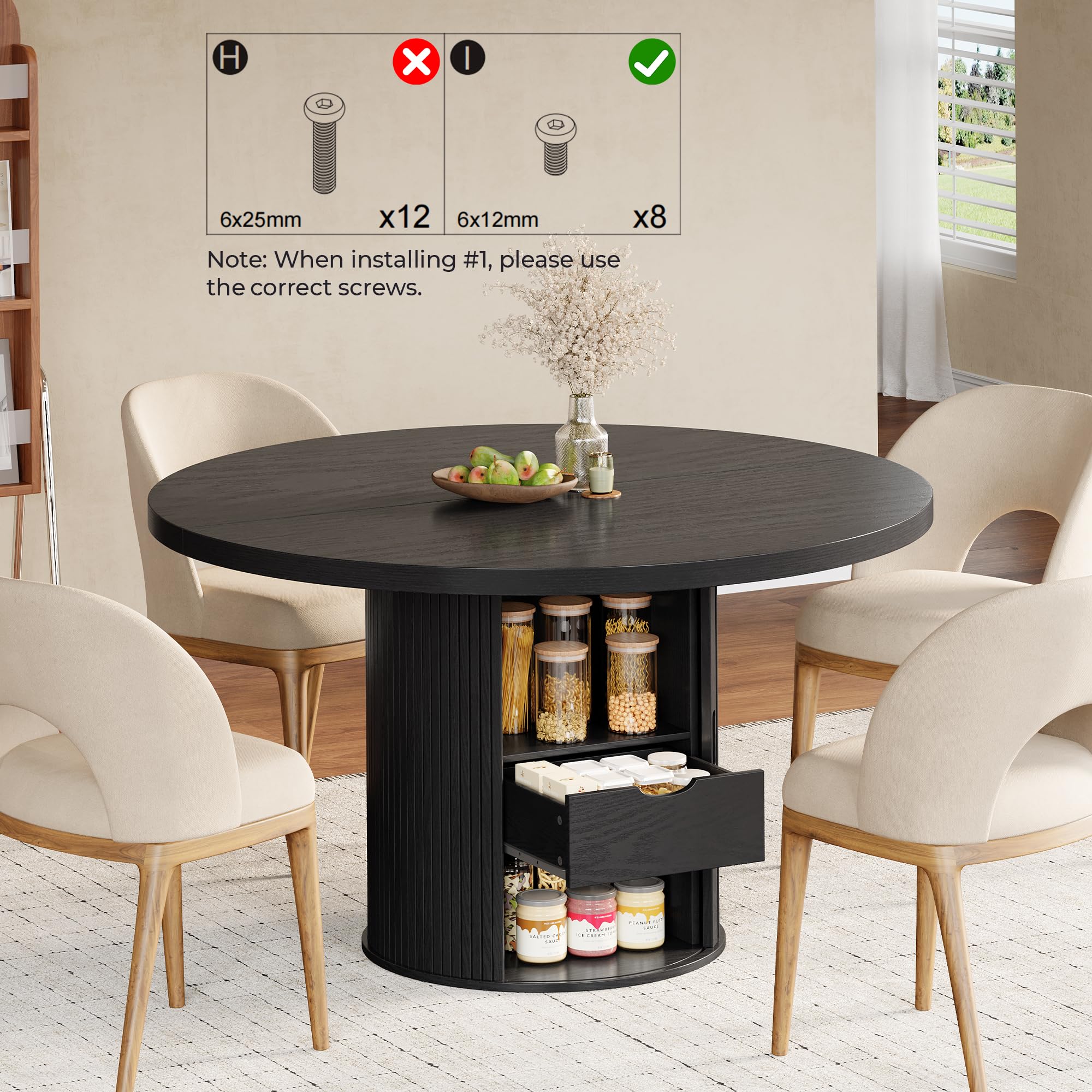 47 Inch Round Dining Table for 4-6, Farmhouse Kitchen Table with 2-Layer Storage Shelf & Drawer and Sliding Door, Sturdy Wooden Dining Table with Fluted Pedestal Base for Kitchen, Living Room, Black