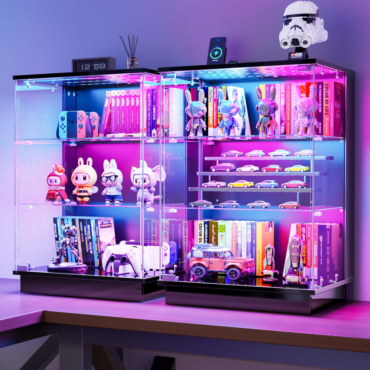 Black Glass Display Cabinet Set of 2 with RGB Lighting