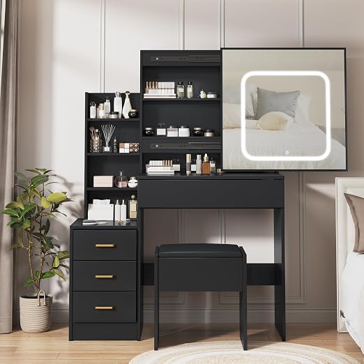 Vanity Desk with Sliding LED Mirror & Cushioned Stool