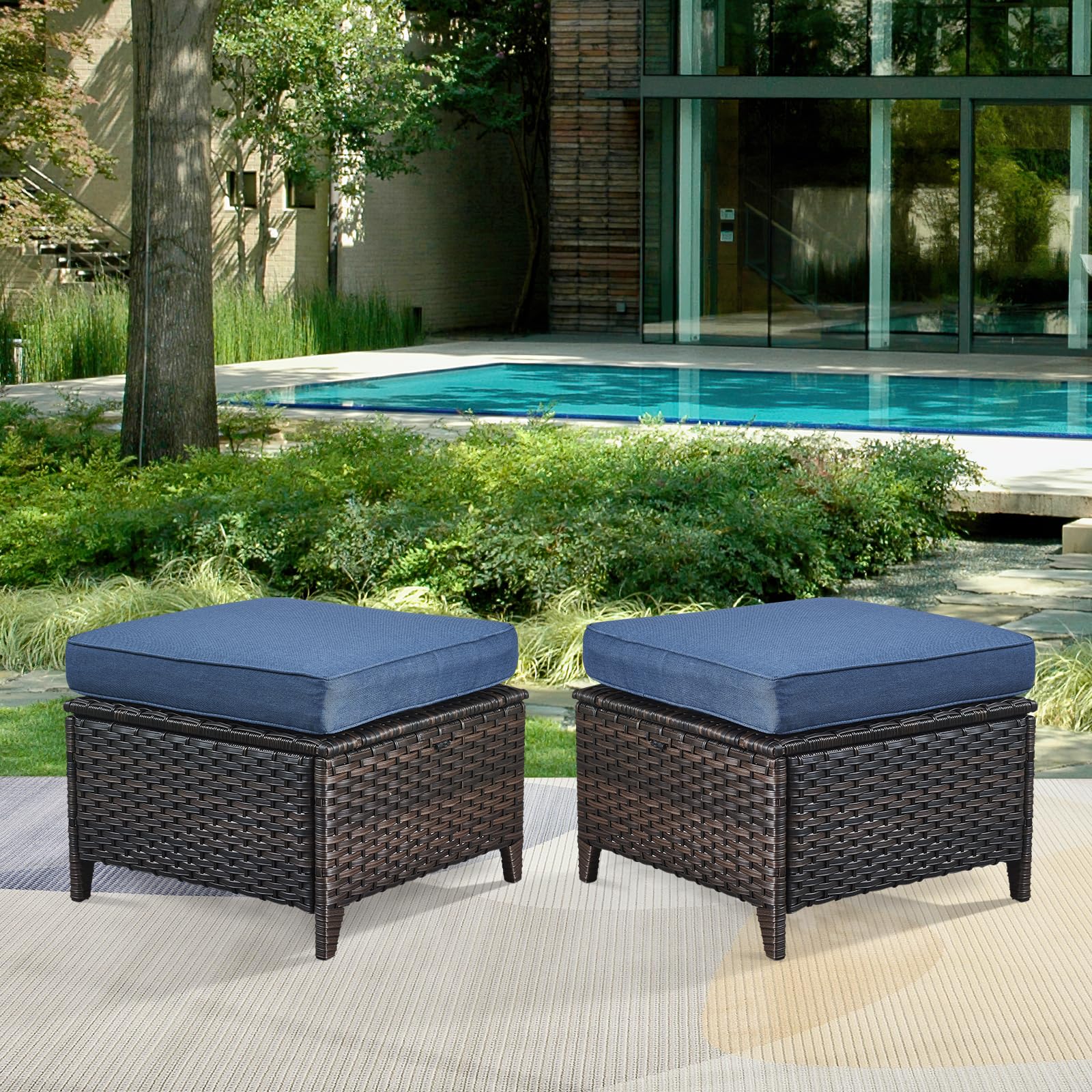 Outdoor Wicker Ottoman Set of 2 with Cushions