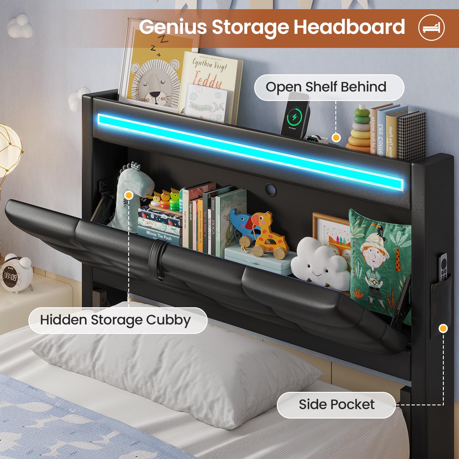 ADORNEVE Twin Bed Frames with Storage Headboard & 4 Drawers, LED Bed Frame with Charging Station, Upholstered Twin Size Platform Bed for Kids, No Box Spring Needed, Black PU