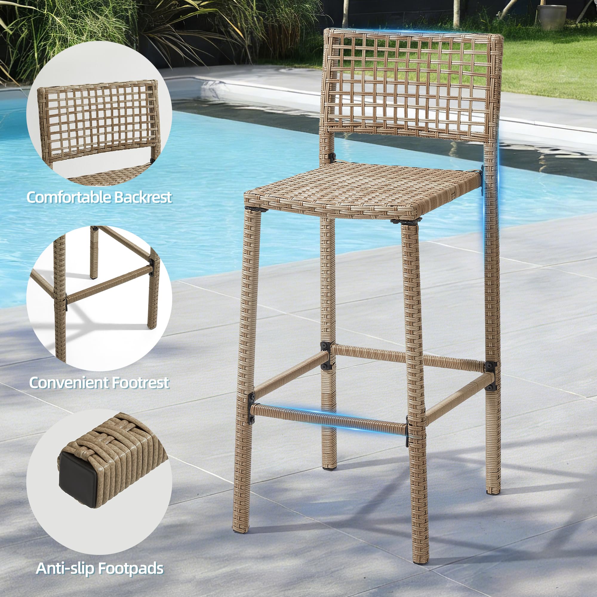 Mvpipi Outdoor Tiki Bar Set, 3 Pieces All-Weather Wicker Patio Bar Set with 2 Height Stools and Storage, Outdoor Bar Set for Outside Patio, Garden, Backyard,Yellow