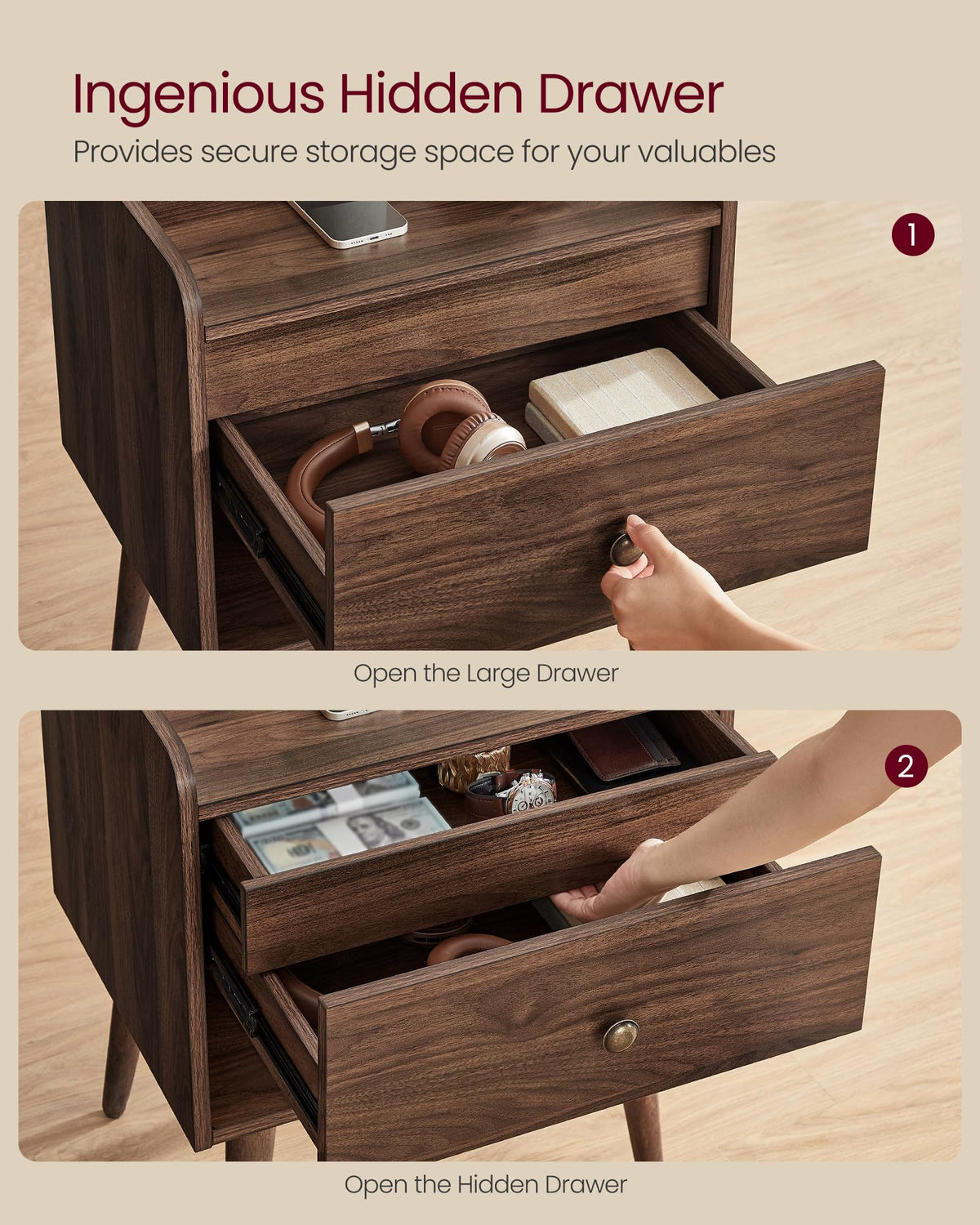 VASAGLE Nightstands, Set of 2, with Hidden Drawers, Solid Wood Legs