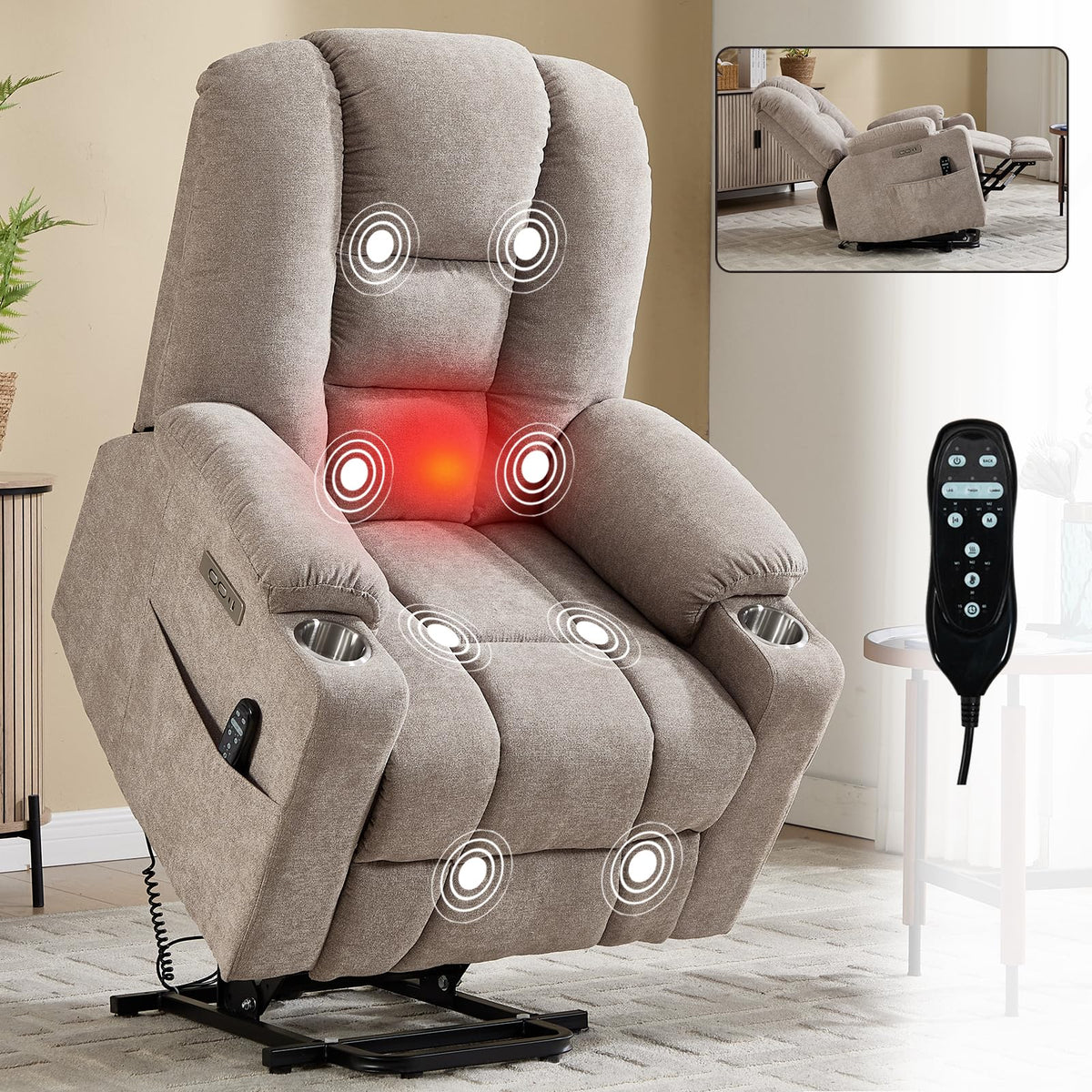 Power Lift Recliner Chair for Elderly with Massage & Heat, Chenille, Khaki