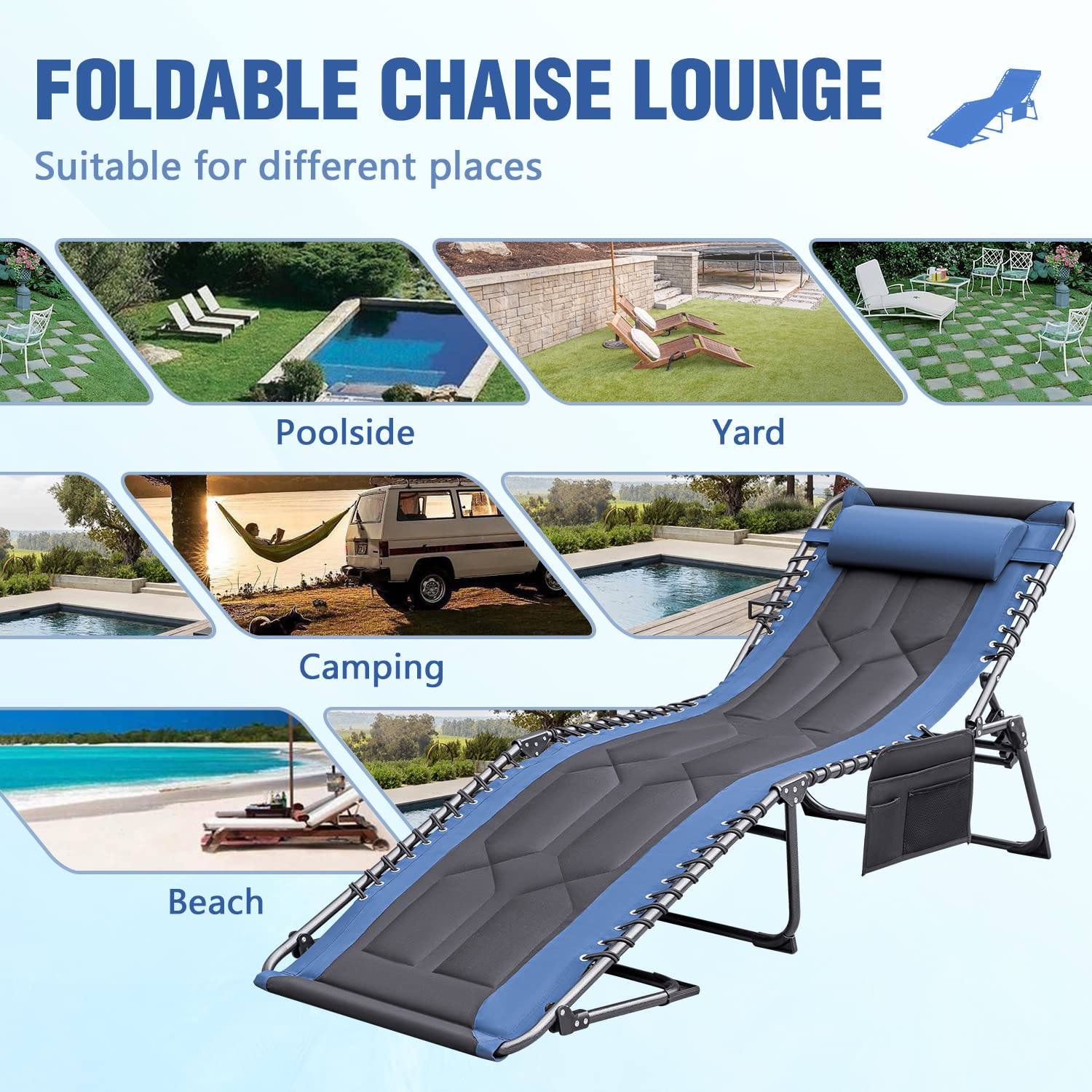 Folding Outdoor Chaise Lounge Chair with Pillow & Side Pocket