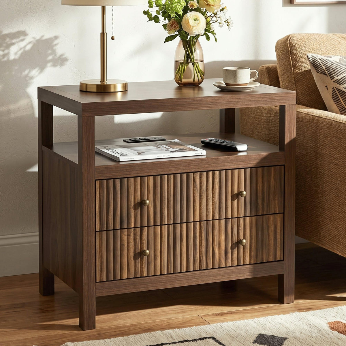 AURELIA LEVEAUX 26" Wide Dark Walnut Fluted Charging Nightstands Set of 2