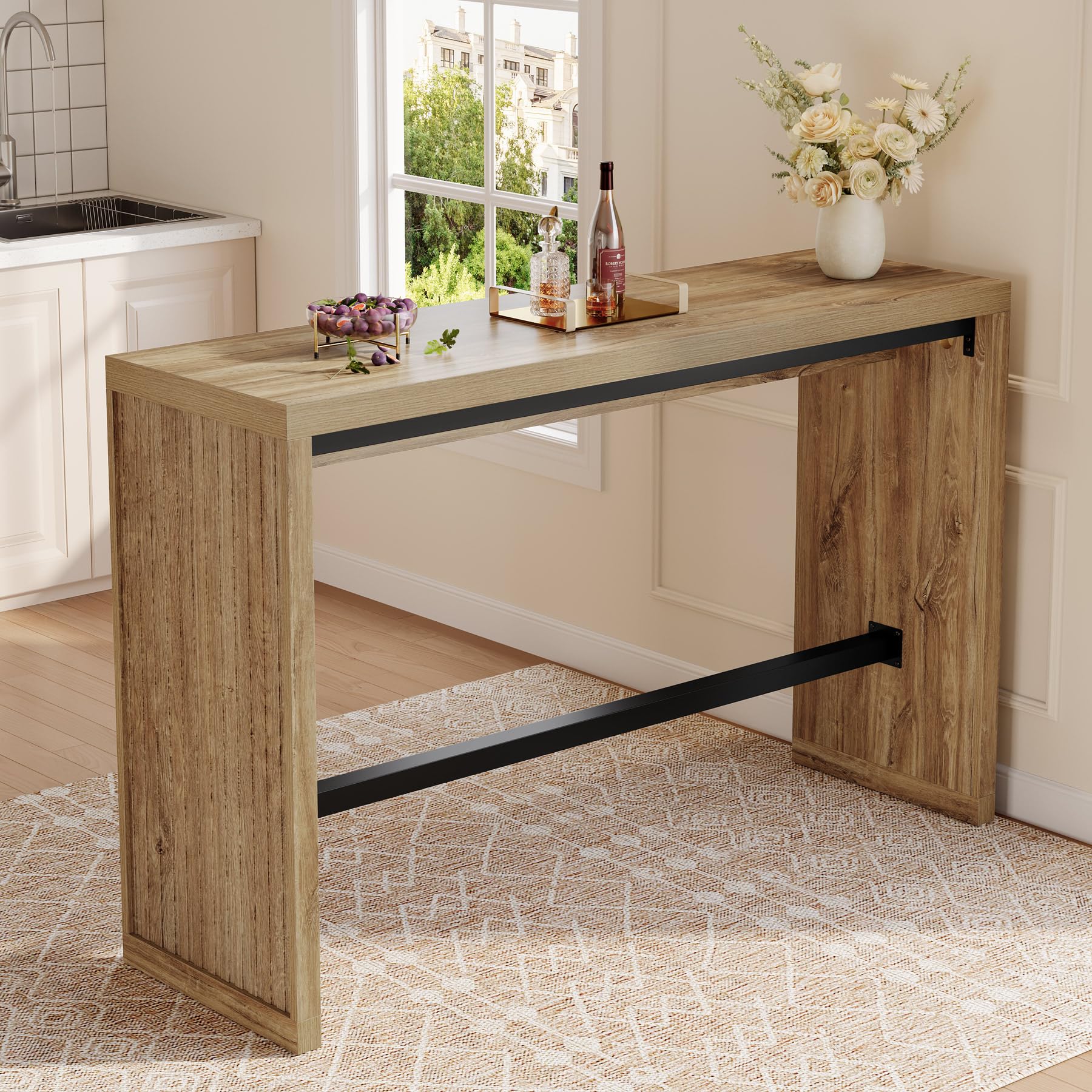 Tribesigns Bar Table, 55-Inch Counter Height Pub Table with Metal Footrest, Rectangular High Top Counter Dining Furniture for Home Bar, Kitchen, Dining Room, Bistro, Living Room, Rustic Brown
