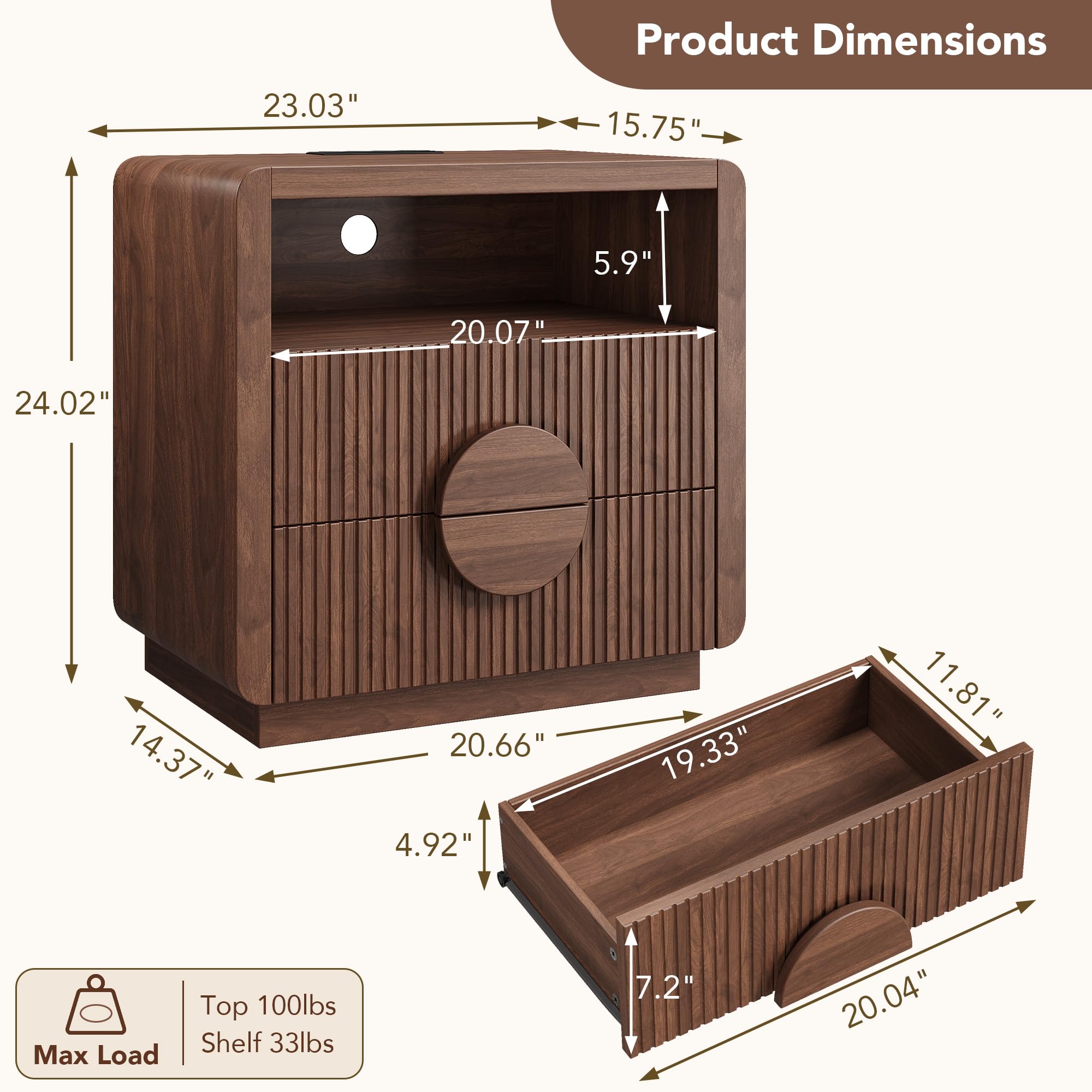 Fluted Nightstand with Charging Station & Storage