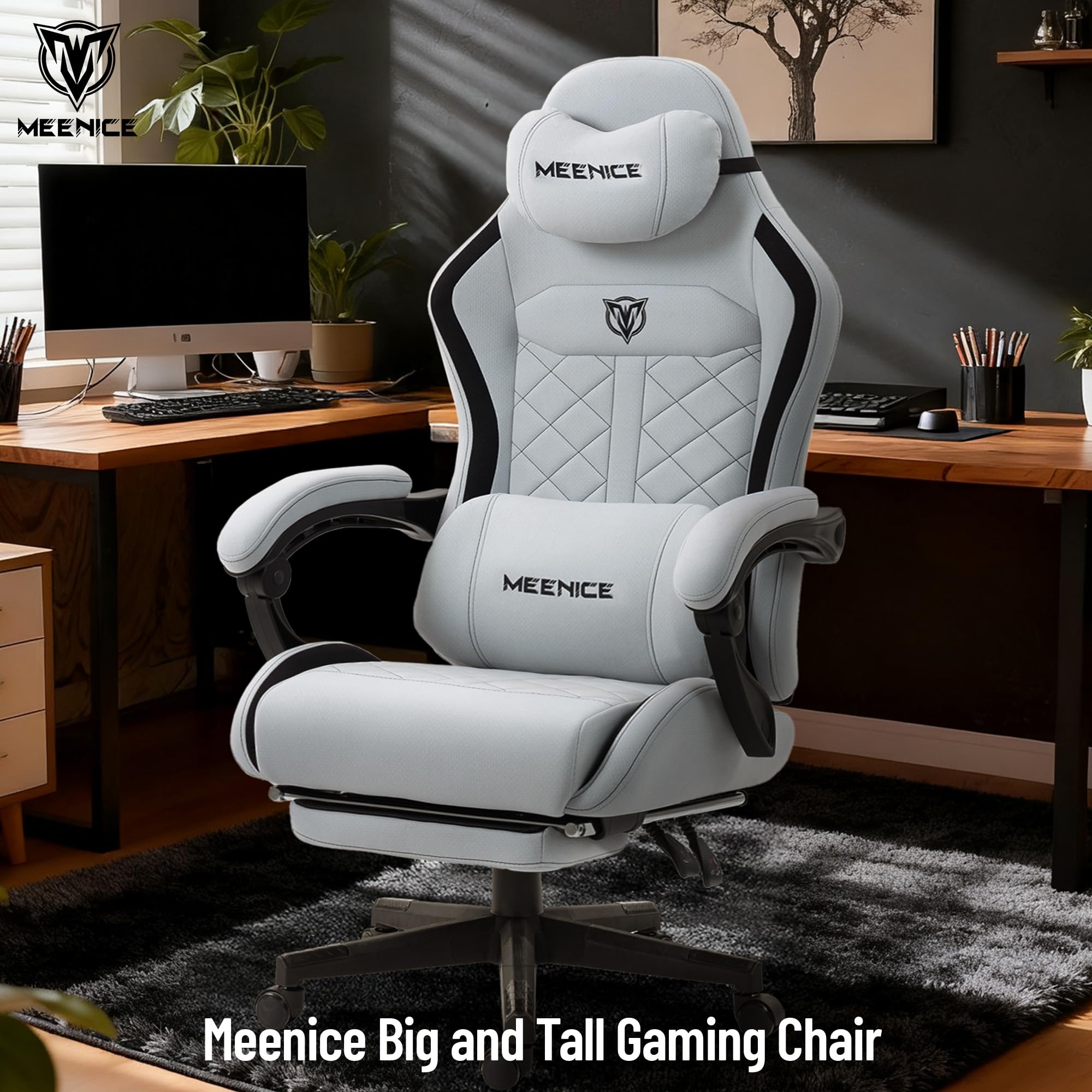 MEENICE Big and Tall Gaming Chair Fabric with Pocket Spring Cushion, High Back Heavy Duty Gaming Chairs for Adults with Massage Lumbar Support, Ergonomic Computer Chair with Footrest for 400LBS Gray