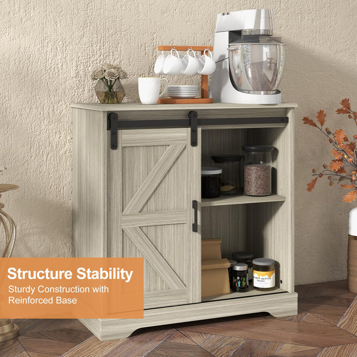 Panana Sliding Barn Door Buffet Sideboard Storage Cabinet Coffee Bar Kitchen Farmhouse Style (Oak)