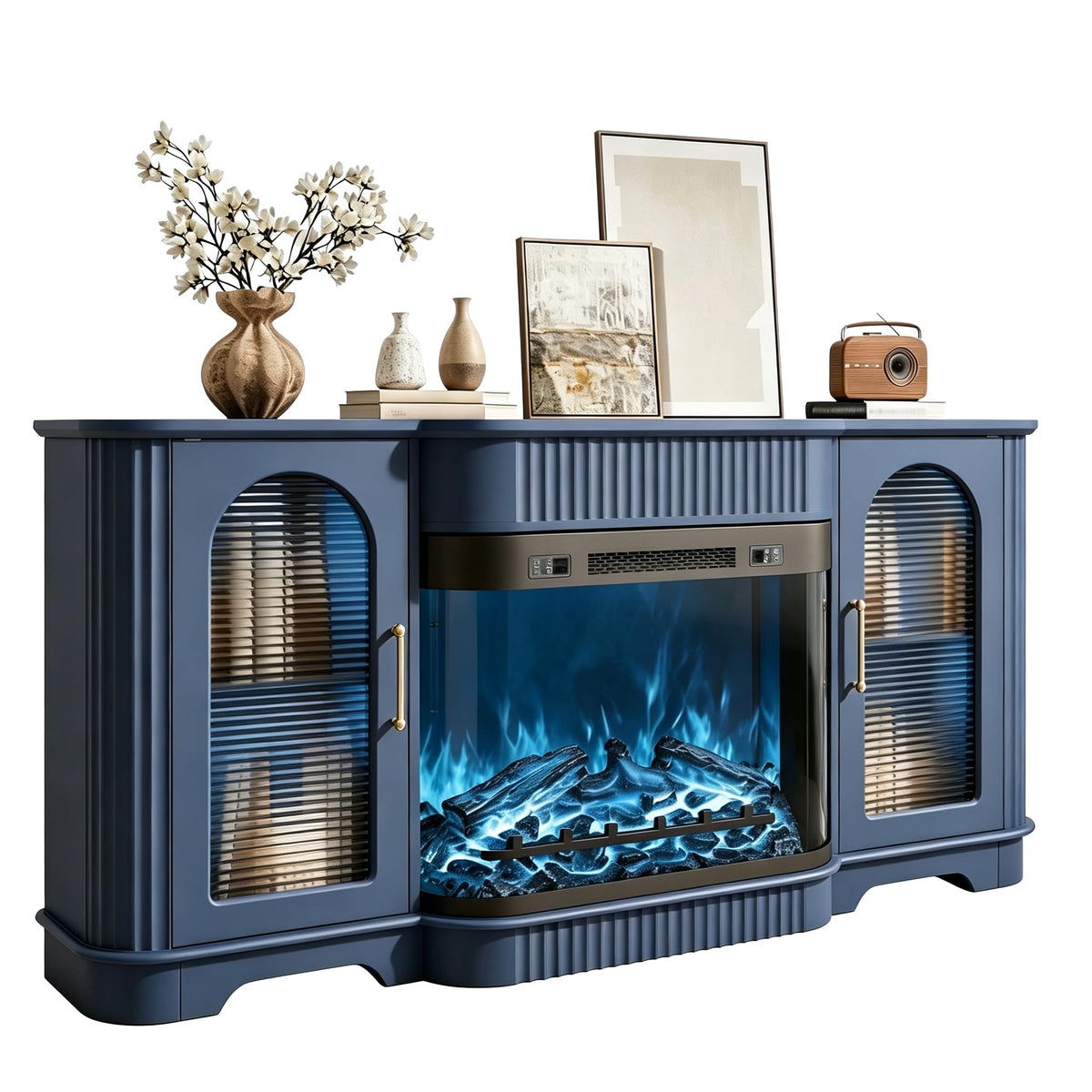 RNLRNL 70" Fluted TV Stand with 30" Curved Electric Fireplace, Navy Blue