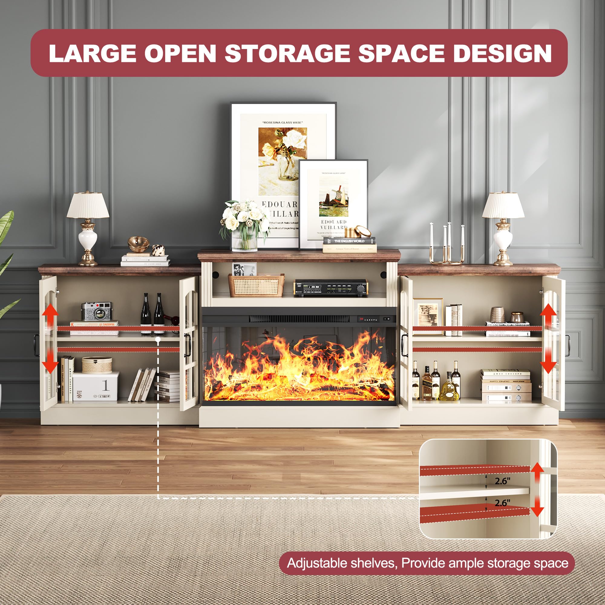 Farmhouse Fireplace TV Stand with 3-Sided Electric Fireplace