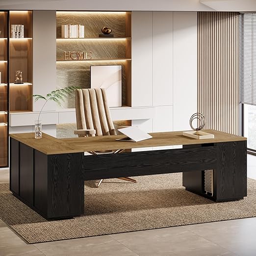 L-Shaped Executive Office Desk with File Drawers & Storage Cabinet