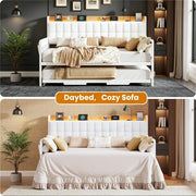 Daybed with Trundle, Metal Twin Bed Frame with Upholstered Storage Headboard, Charging Station & LED, Sofa Day Bed with Pop Up Trundle, Side Pockets, Sturdy Supports for Living Room and Bedroom, White