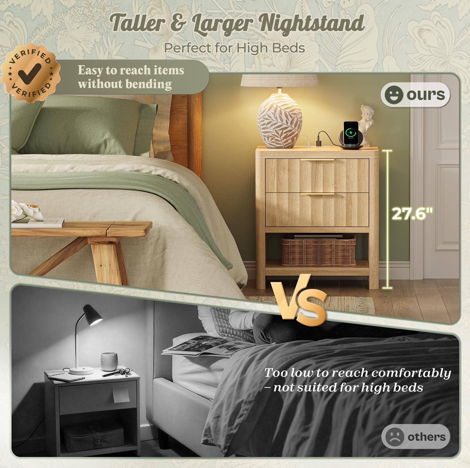 Tall Nightstand with Charging Station & 2 Drawers
