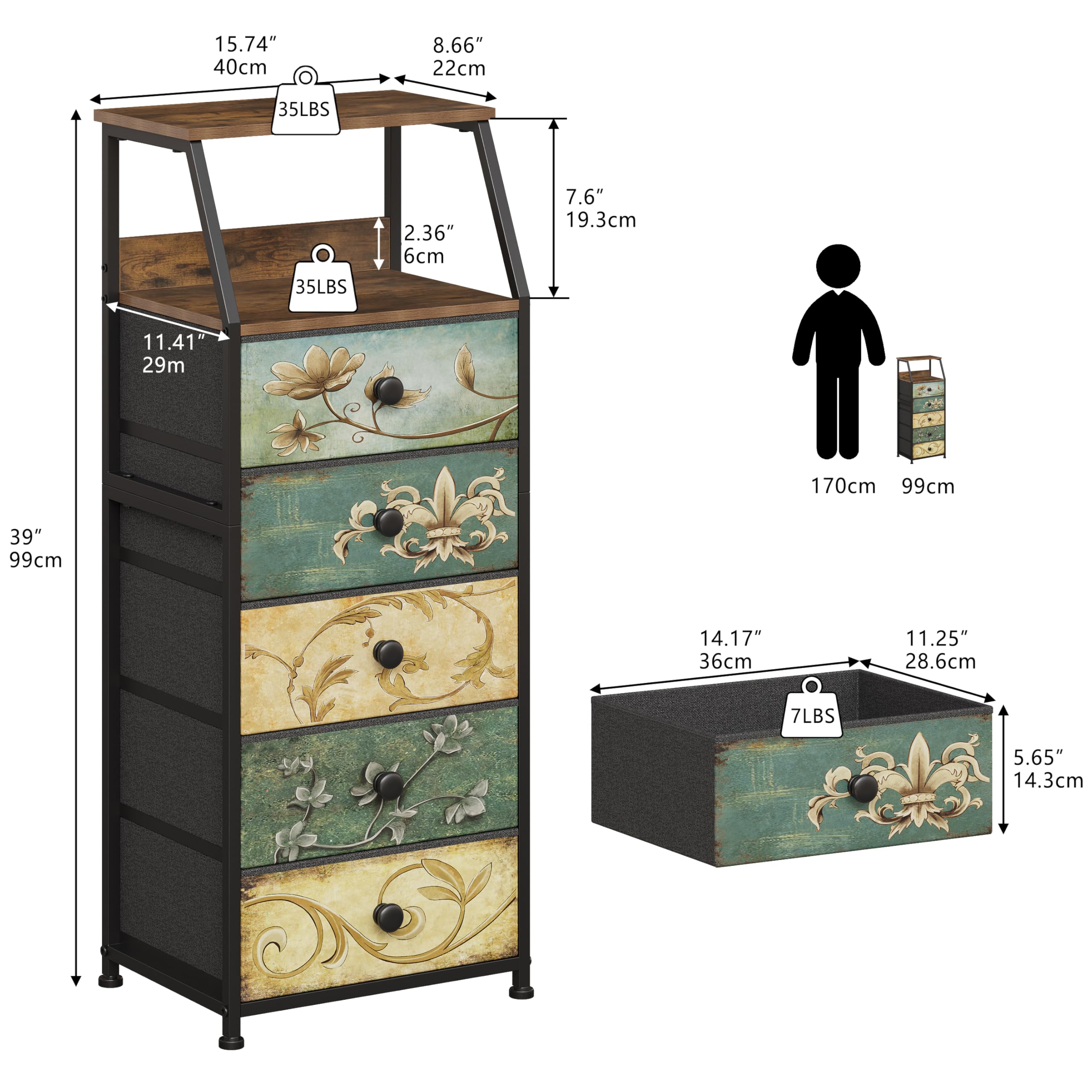 Fabric Dresser with Drawers & 2-Tier Shelf