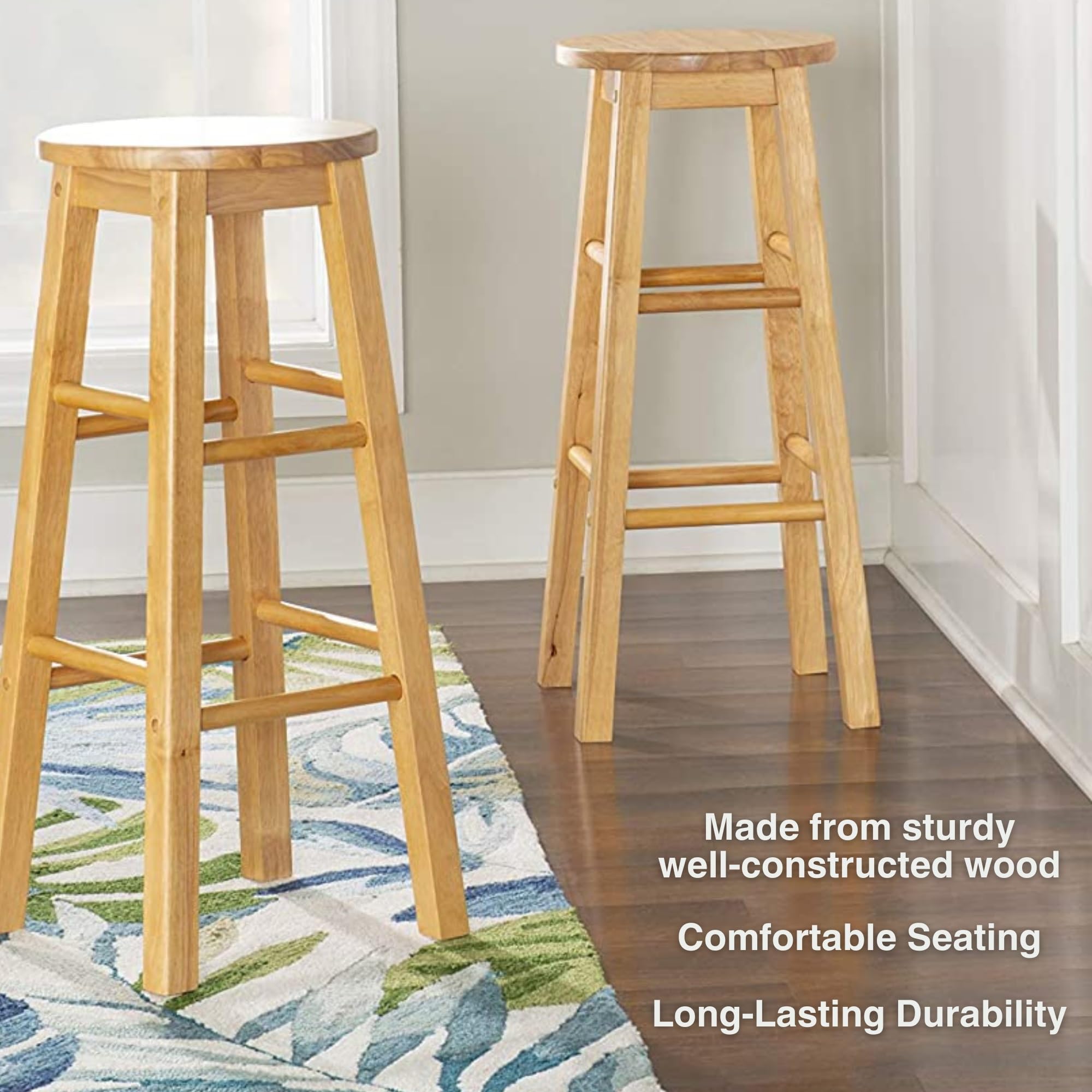 PJ Wood 29 Inch Tall Classic Round Seat Kitchen Counter Bar Stools 2 Pack with 4 Square Legs for Homes, Dining Spaces, and Bars, Natural
