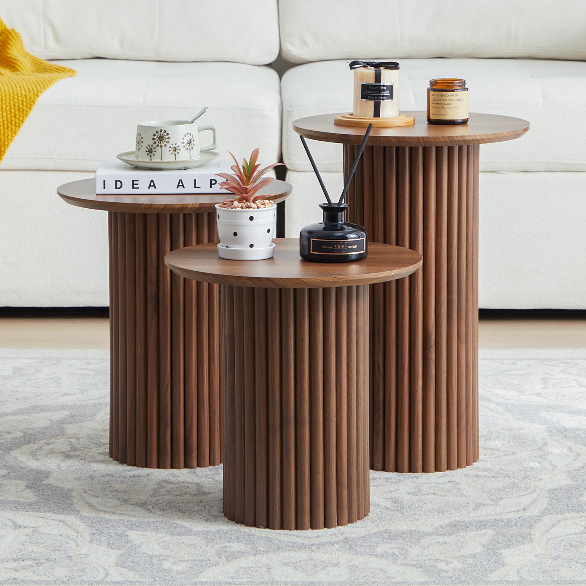Bifins Round Nesting Coffee Table Set of 3,Mid Century Modern Fluted Coffee and End Table Set,Small Circle Wooden Side Table Drink Table for Living Room (Walnut)