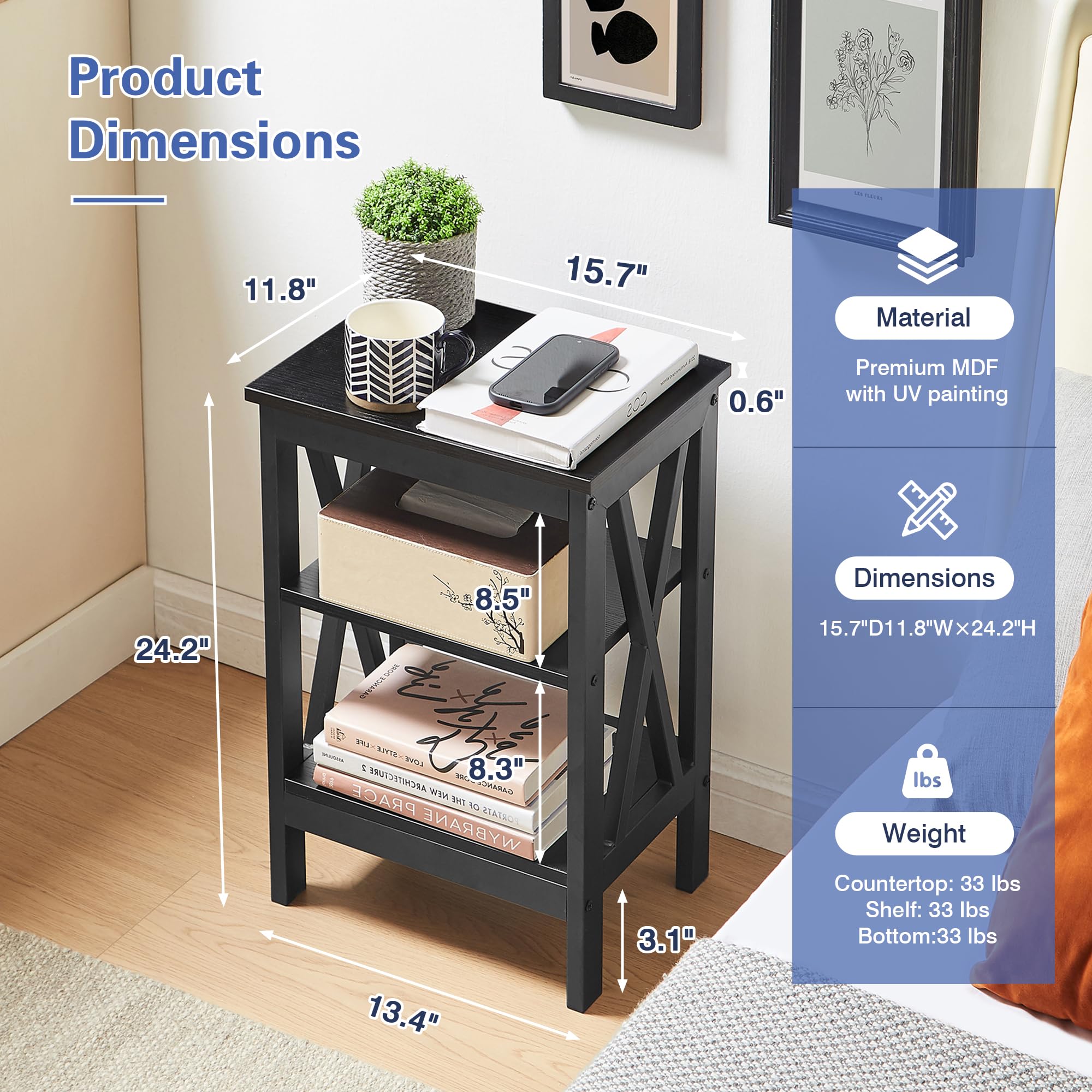 Nightstand End Table Set of 2 with Storage Shelf, X-Design