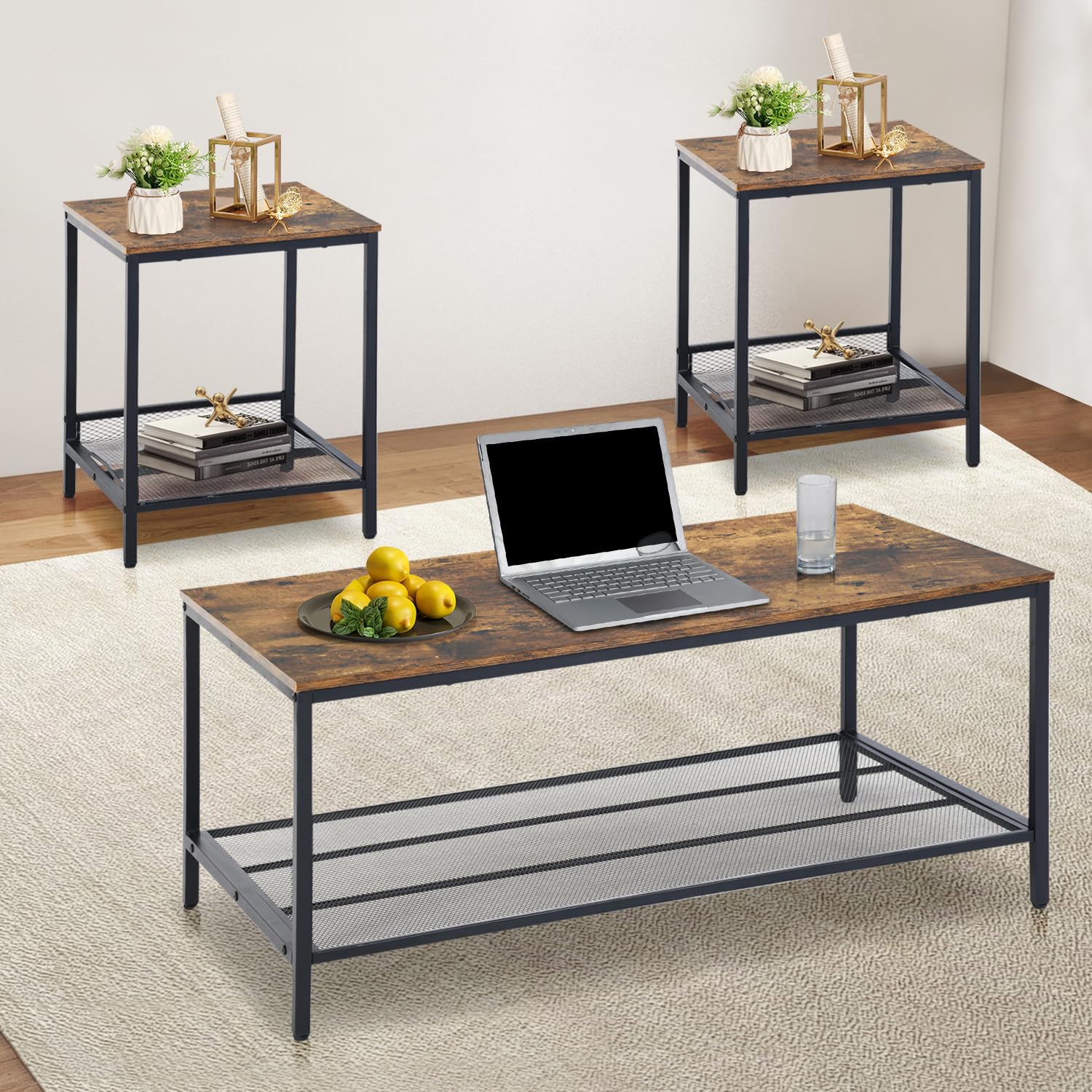 3-Piece Coffee & End Table Set with Metal Frame