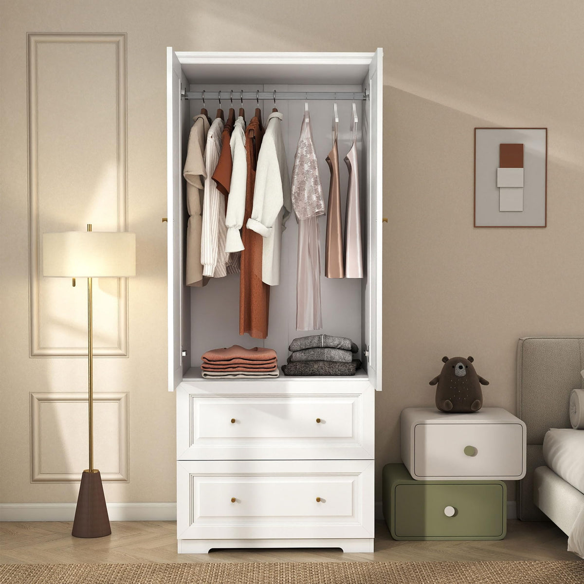 White Fluted Wardrobe with Drawers