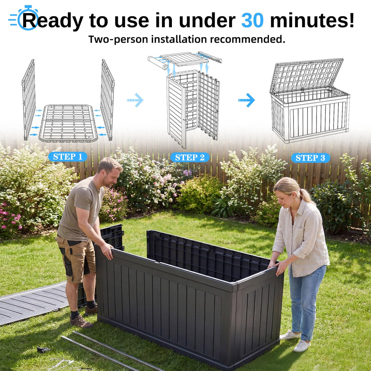 KDYMOD 320 Gallon Outdoor Storage Deck Box, Waterproof Resin, SGS - Black