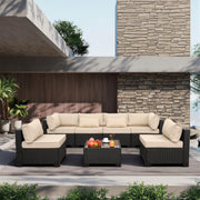 Lviden 7 Pieces Outdoor PE Wicker Furniture Set Patio Rattan Sectional Conversation Sofa Set with Khaki Cushions and Glass Top Table