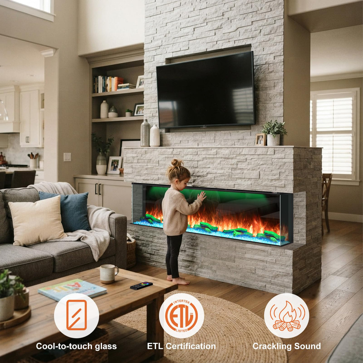 80 Inch 3 Sided Electric Fireplace, Smart Linear Fireplace Heater with 3D Realistic Flames/Ember/Ambient, LED Color Cycle, Timer, Crackling Sound, 1500W/750W, Recessed