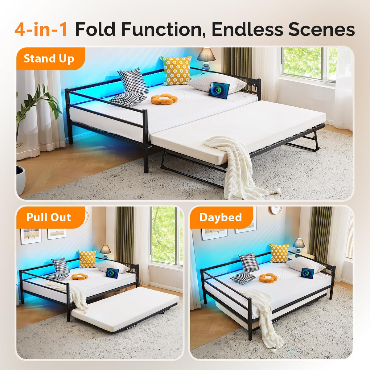 VINGLI Full Metal Daybed with Pop Up Trundle Bed Twin, Sofa Day Bed Frame with Charging Station and LED Lights, Heavy Duty Steel Slats and Pull Out Trundle for Bedroom,Guest Room,Living Room, Black