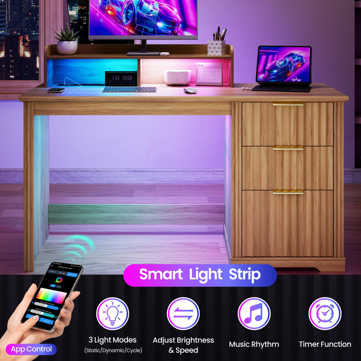Lareth 47 inch Computer Desk with Monitor Stand, RGB LED Lights