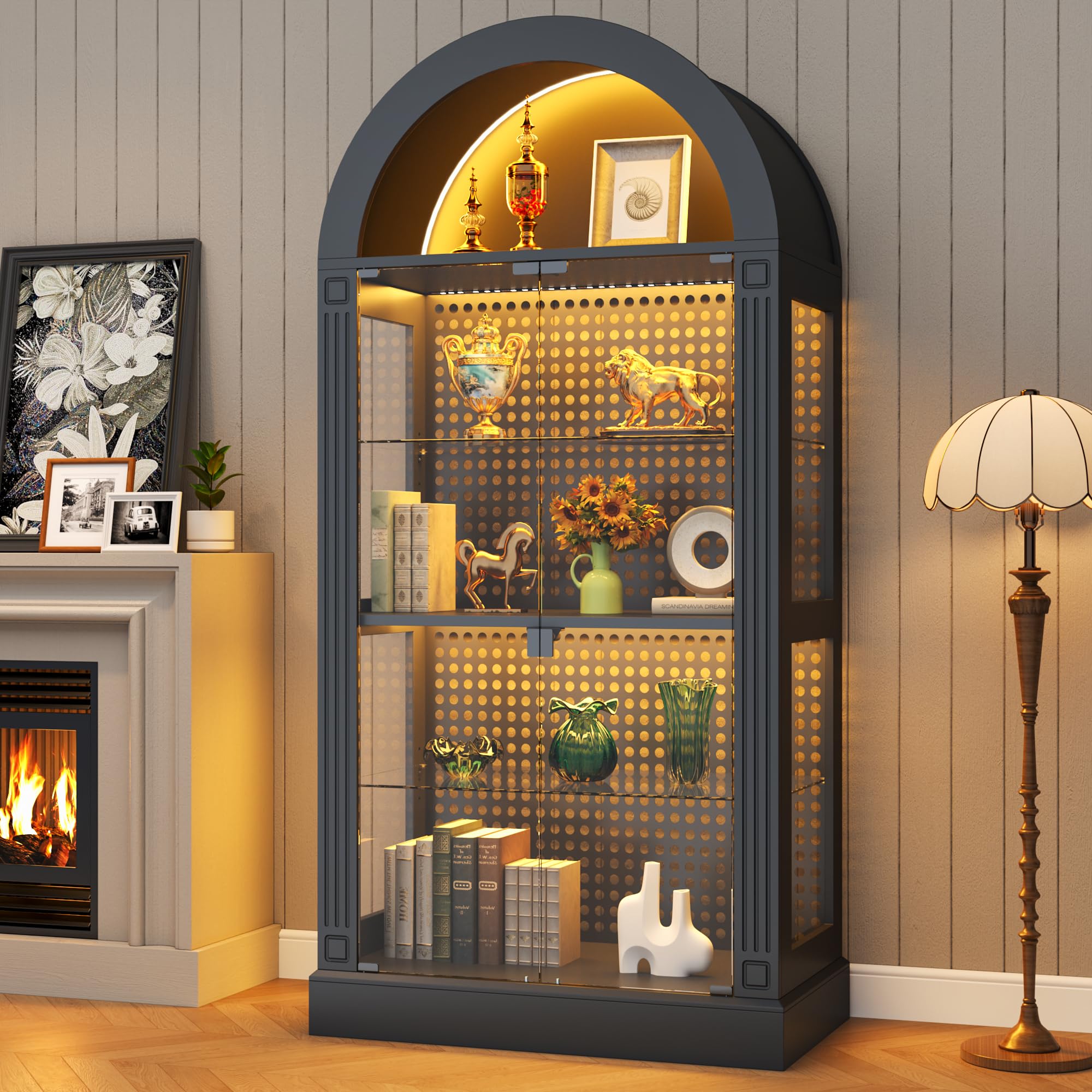 kepptory 5-Tier Glass Display Cabinet with Glass Doors, 71" Tall Arched Curio Cabinet with Roman Line Design and LED Lights, Display Case for Collectibles Bookcase Office and Kitchen