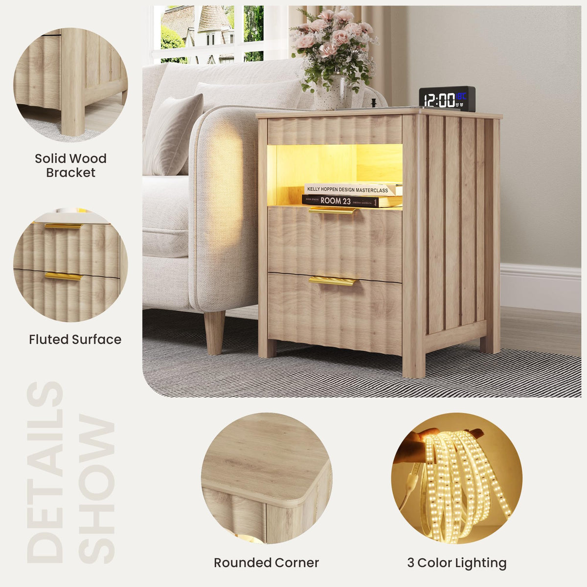 Dystler Nightstand with Charging Station & Gun Drawer for Bedroom, Wood