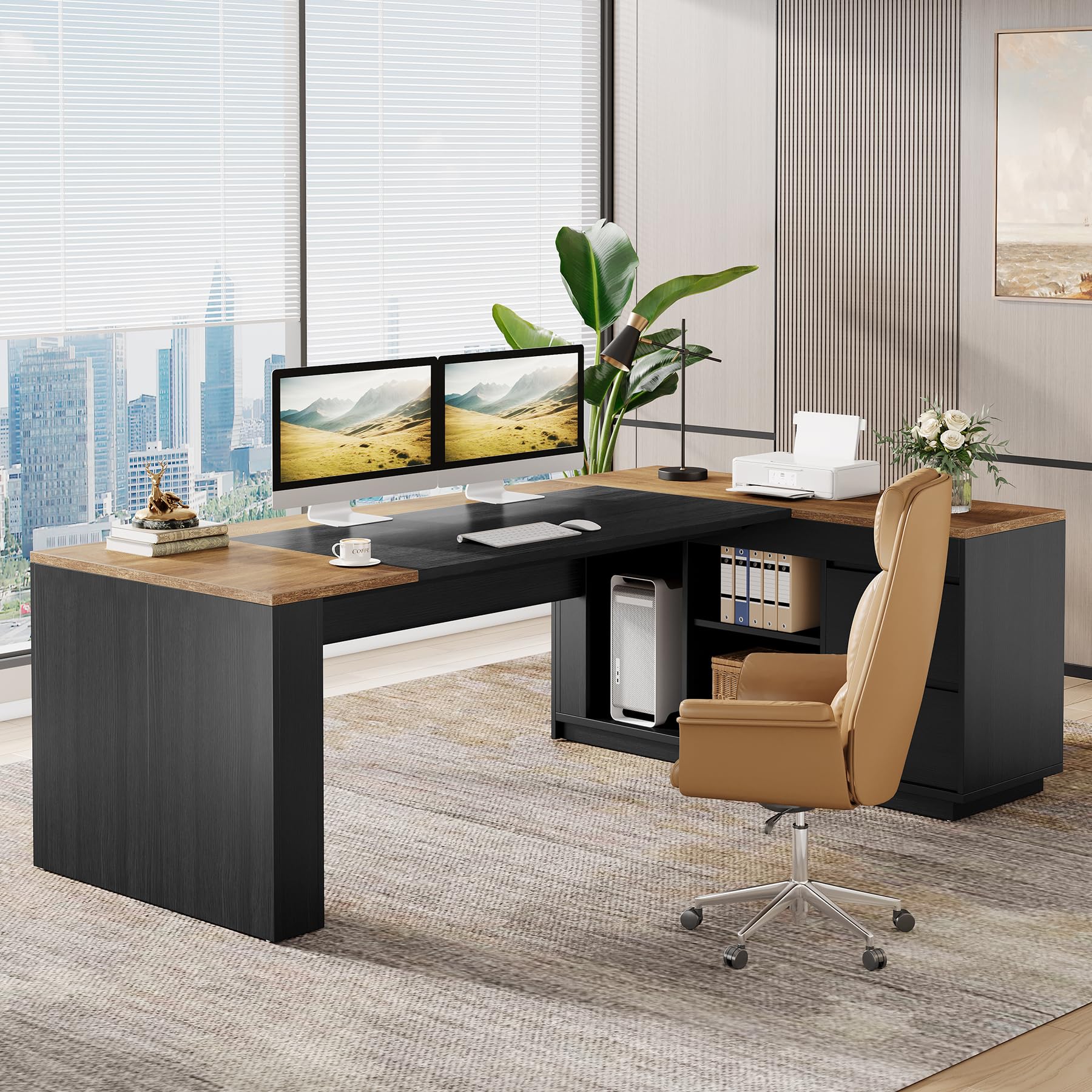 Tribesigns 78" L Shaped Executive Desk with Drawers, Large Office Computer Desk with Cabinet and Storage Shelves, Modern Business Furniture Sets Workstation for Home Office (Brown&Black)