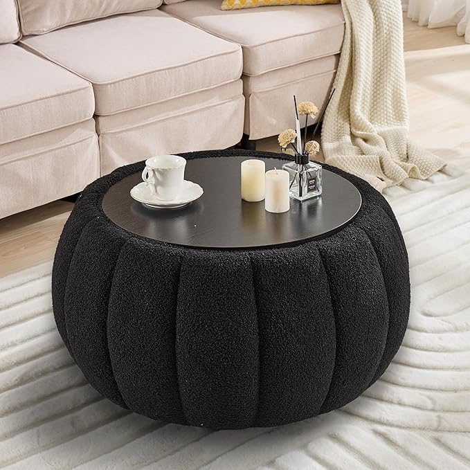 Round Storage Ottoman with Wooden Top