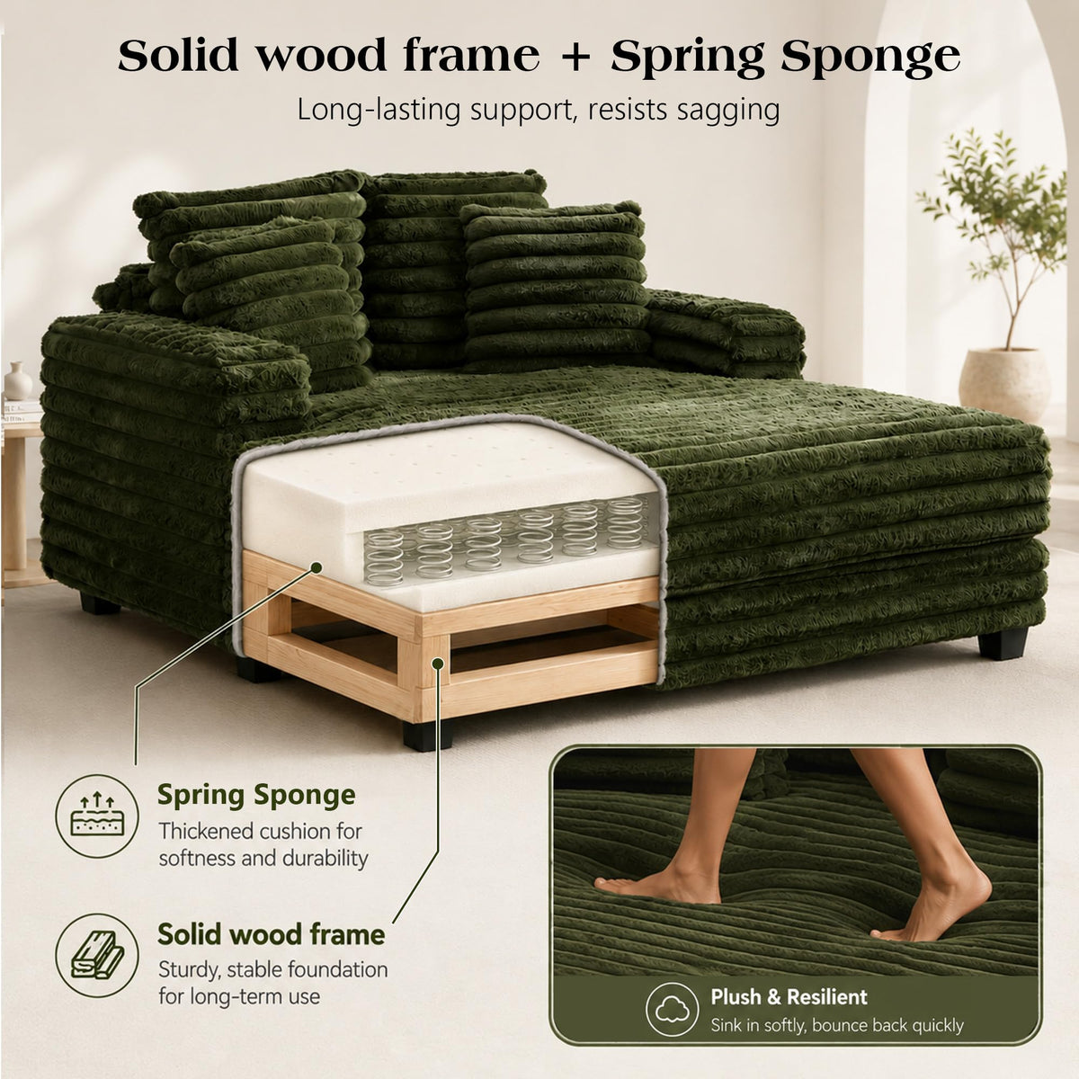 TUNYI Oversized Chaise Lounge Chair Indoor, Faux Fur Upholstered Sofa Bed with Wood Frame, Sleeper Couch Throw Pillow and Armrest for Living Room, Movie Room, Bedroom, Guest Room (Green)