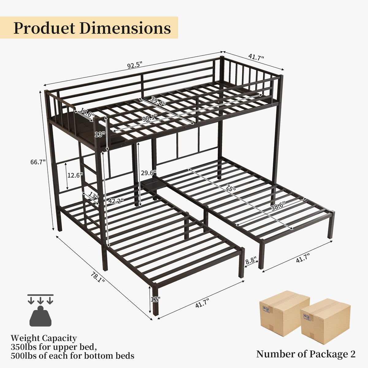 Metal Triple Bunk Bed with Charging Station