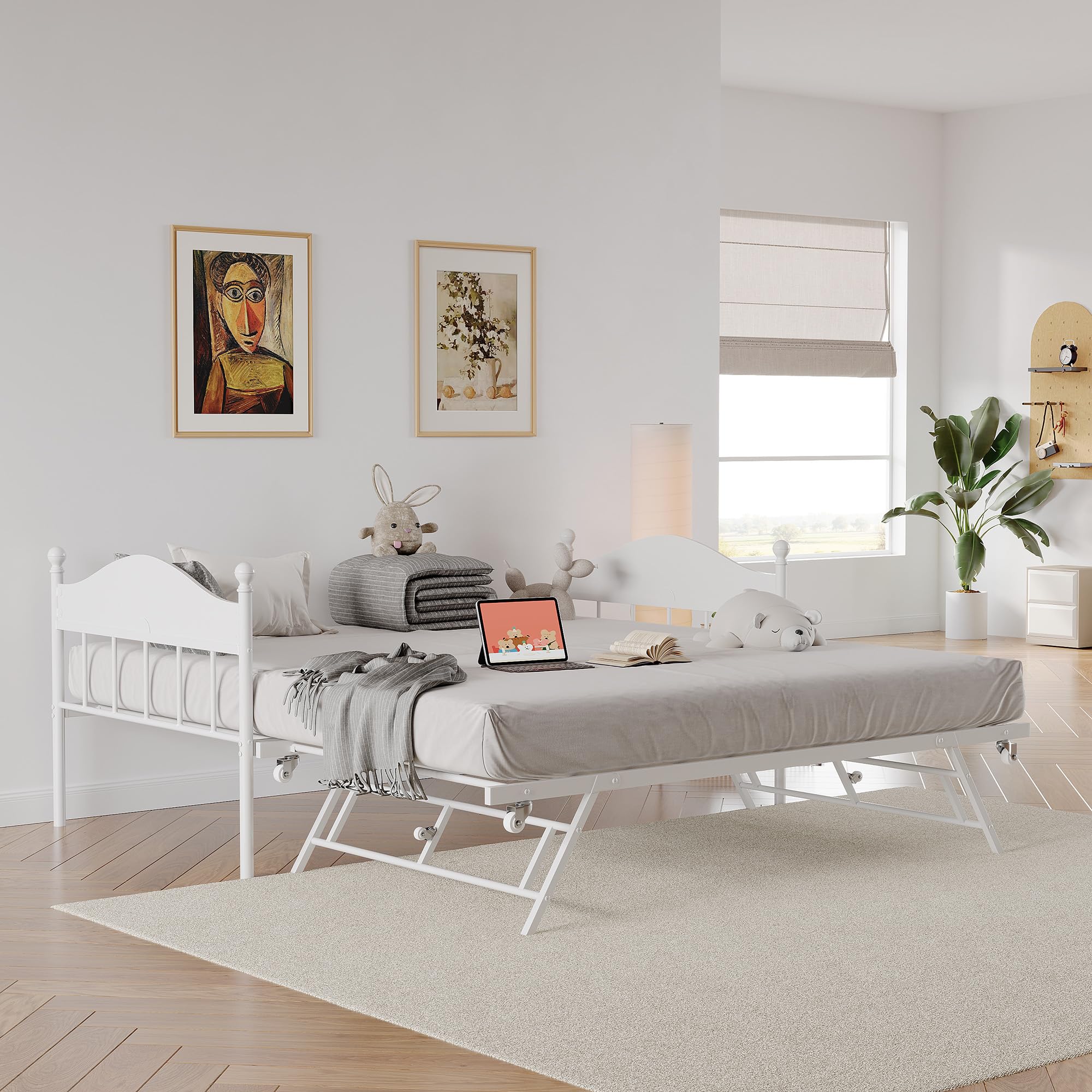 Daybed with Trundle, Metal Twin Size Day Bed with Stylish Headboard, Sofa BedFrame with Pop Up Foldable Trundle Bed, Heavy Duty Steel Slats Platform for Living Room, Bedroom and Guest Room, White